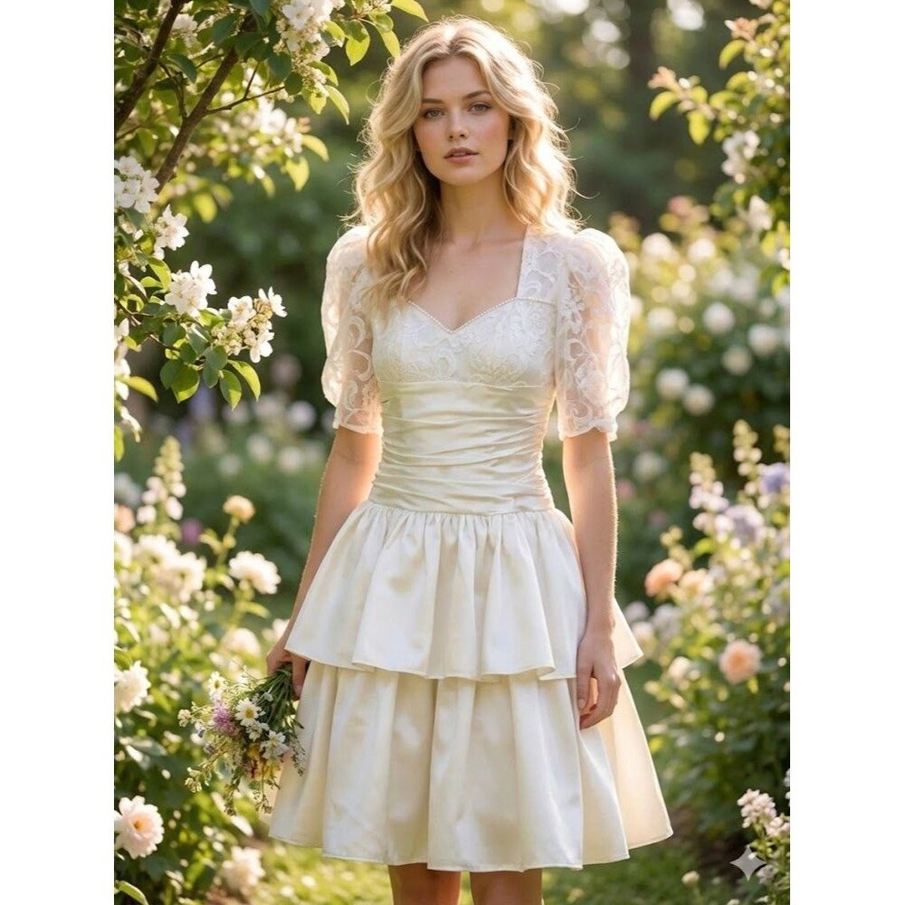 Vintage 80s Zum Zum White Lace Dress Tiered Prom Wedding Coquette Fairy XS 0